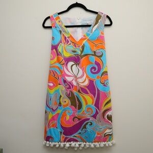Trina Turk Multicolor Swirl Pom-Trim V-Neck Shift Dress
